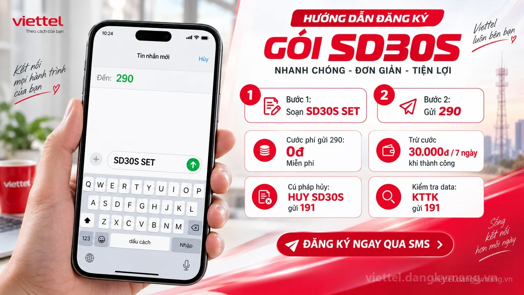 Cách đăng ký gói cước SD30S Viettel soạn tin nhắn SD30S SET gửi 290