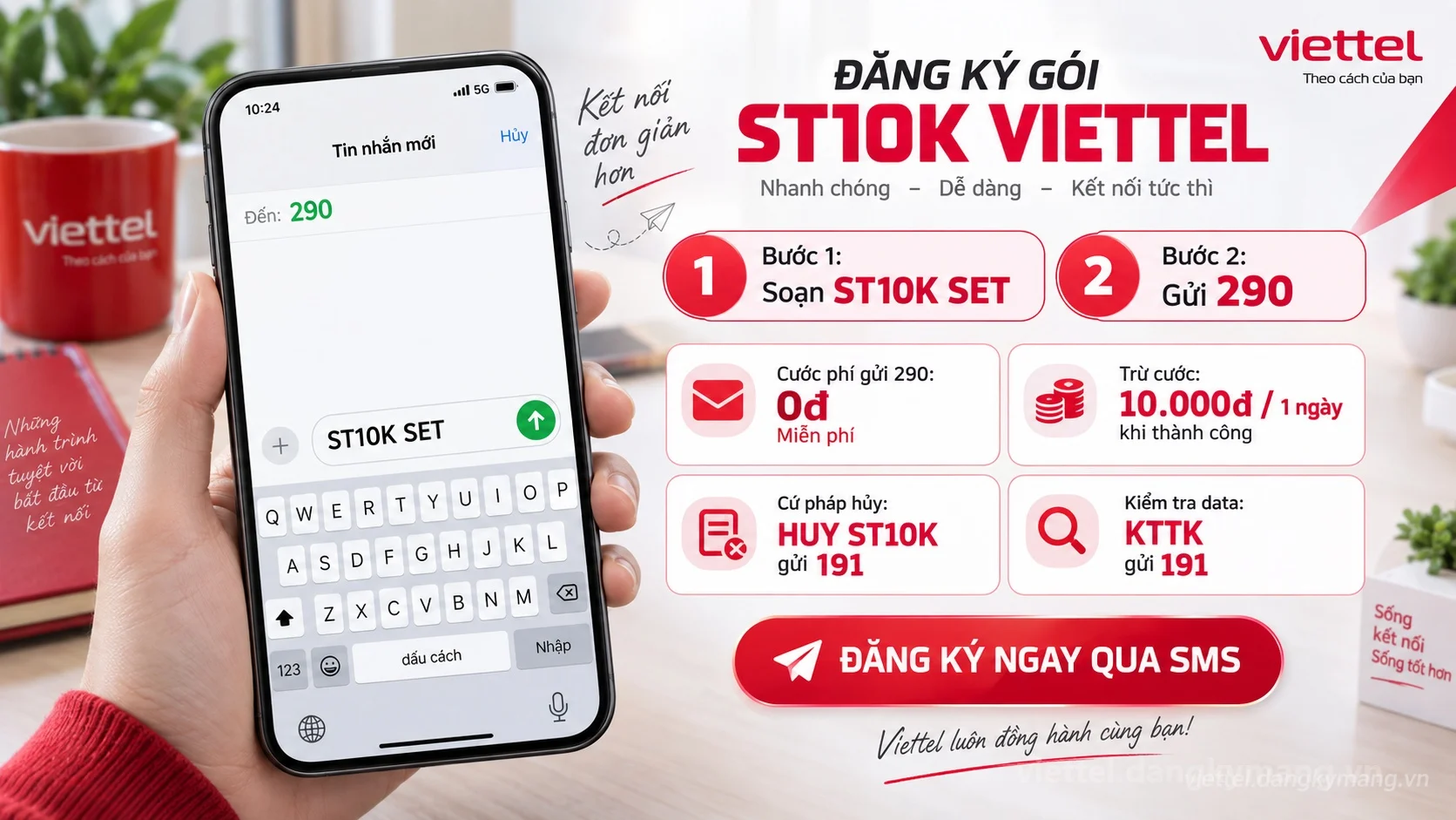 Cách đăng ký gói cước ST10K Viettel soạn tin nhắn ST10K SET gửi 290