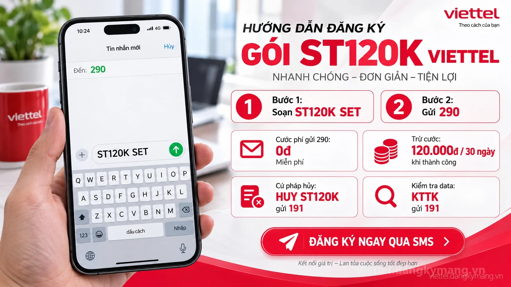 Cách đăng ký gói cước ST120K Viettel soạn tin nhắn ST120K SET gửi 290
