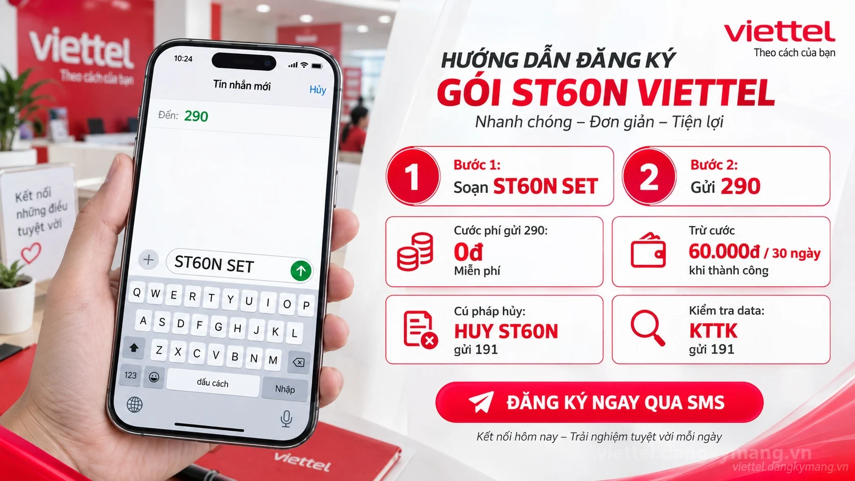 Cách đăng ký gói cước ST60N Viettel soạn tin nhắn ST60N SET gửi 290