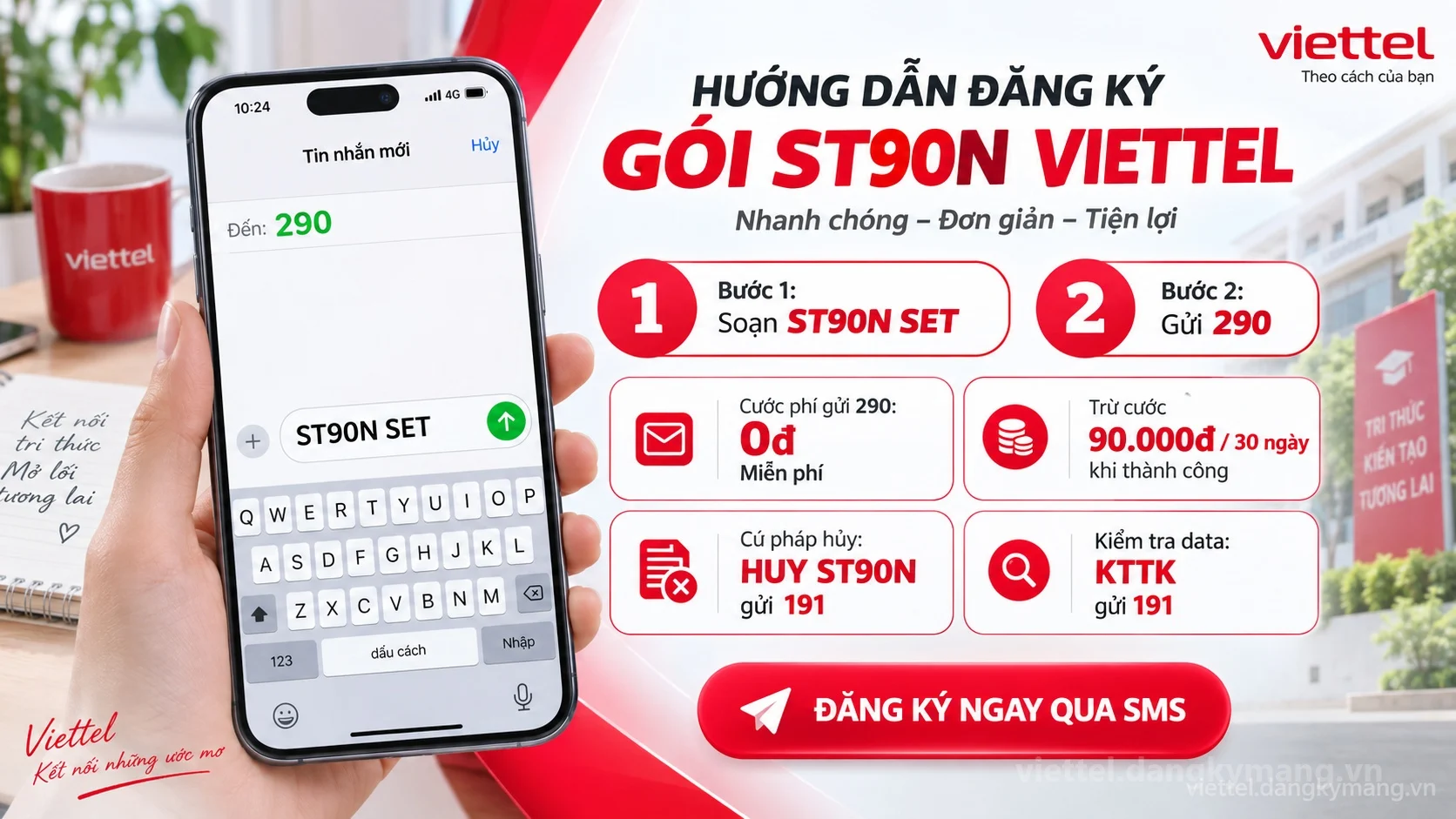 Cách đăng ký gói cước ST90N Viettel soạn tin nhắn ST90N SET gửi 290