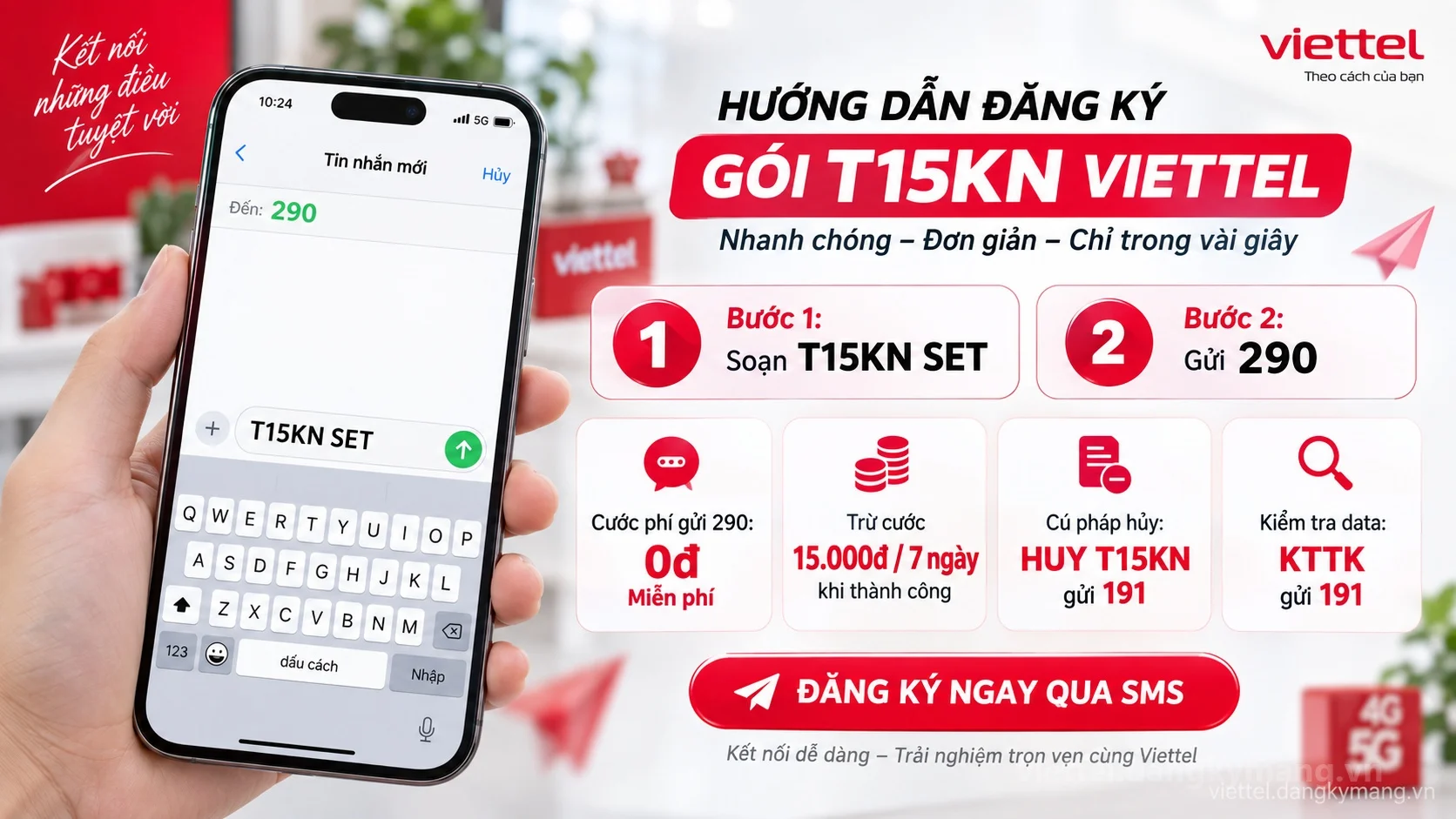 Cách đăng ký gói cước T15KN Viettel soạn tin nhắn T15KN SET gửi 290
