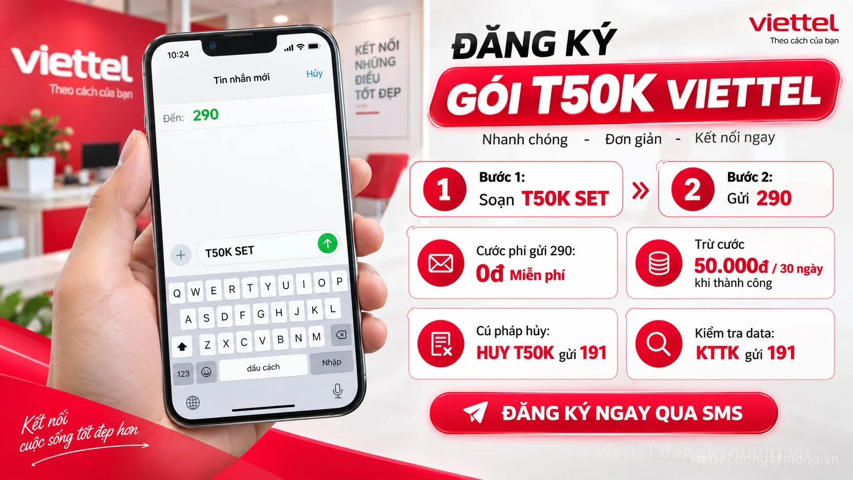 Cách đăng ký gói cước T50K Viettel soạn tin nhắn T50K SET gửi 290