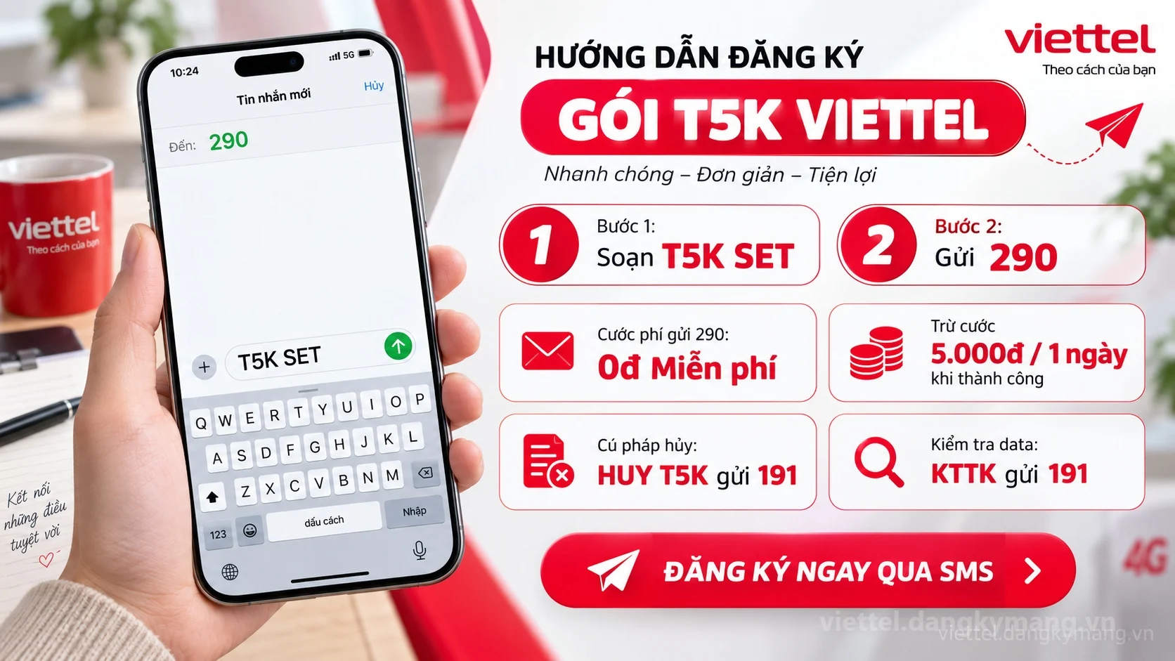 Cách đăng ký gói cước T5K Viettel soạn tin nhắn T5K SET gửi 290