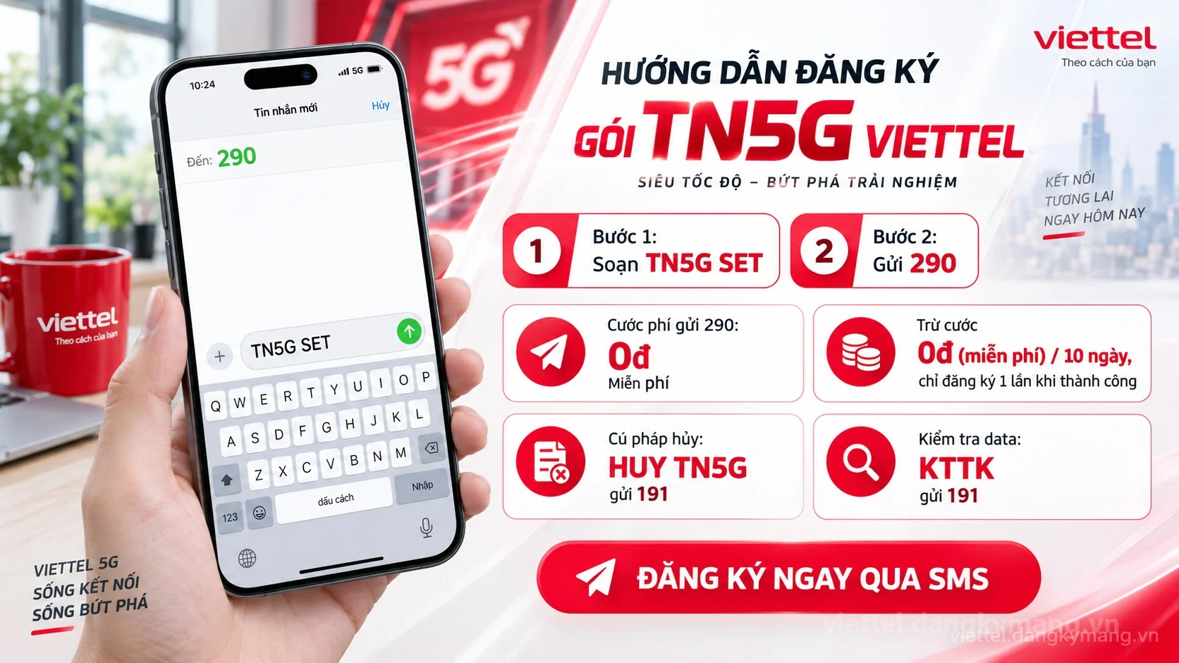 Cách đăng ký gói cước TN5G Viettel soạn tin nhắn TN5G SET gửi 290