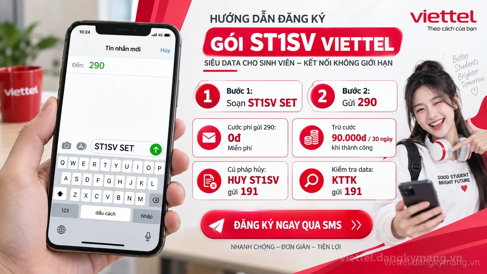 Cách đăng ký gói cước ST1SV Viettel soạn tin nhắn ST1SV SET gửi 290