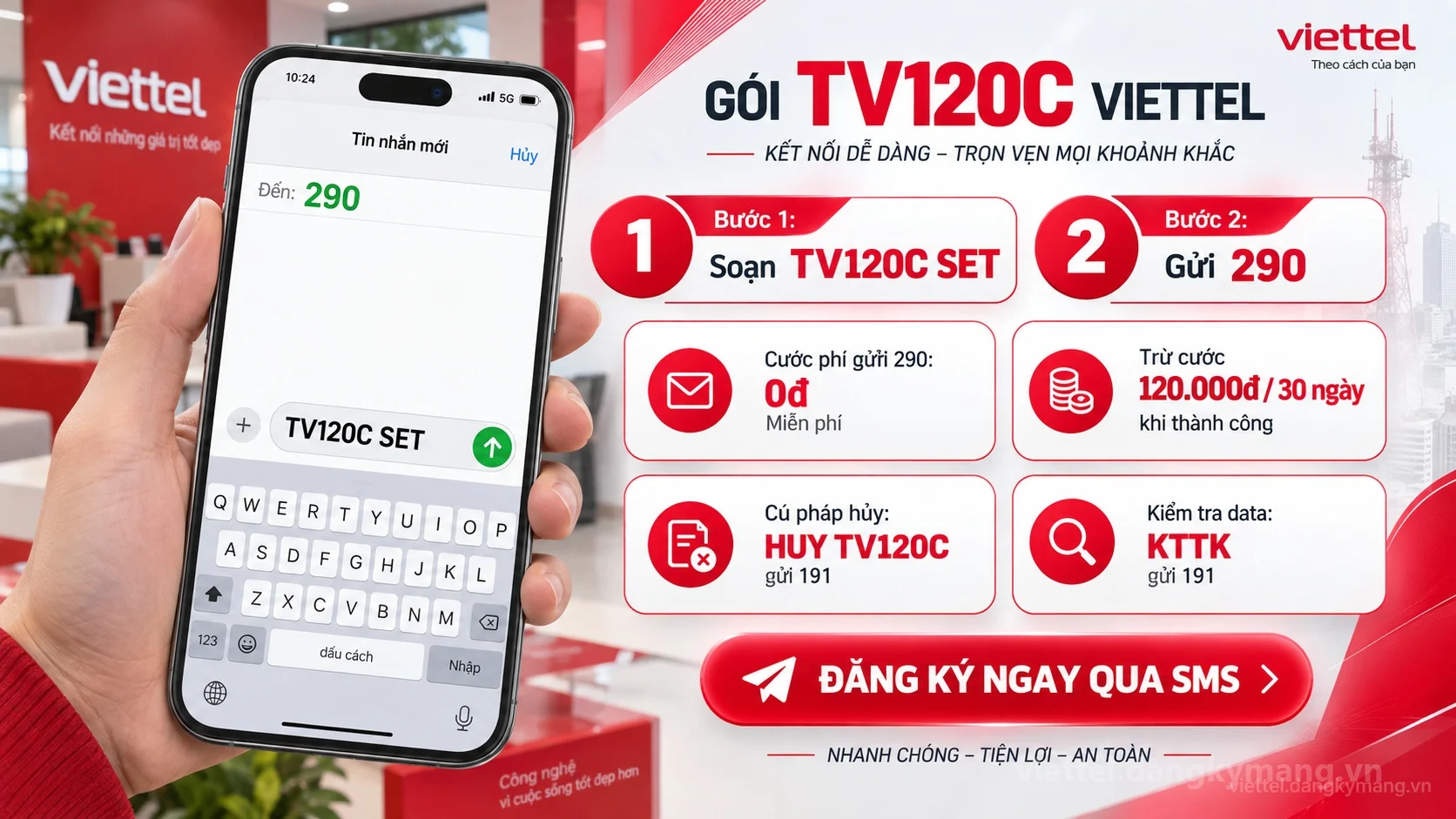 Cách đăng ký gói cước TV120C Viettel soạn tin nhắn TV120C SET gửi 290