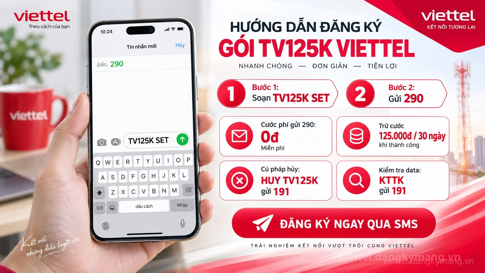 Cách đăng ký gói cước TV125K Viettel soạn tin nhắn TV125K SET gửi 290