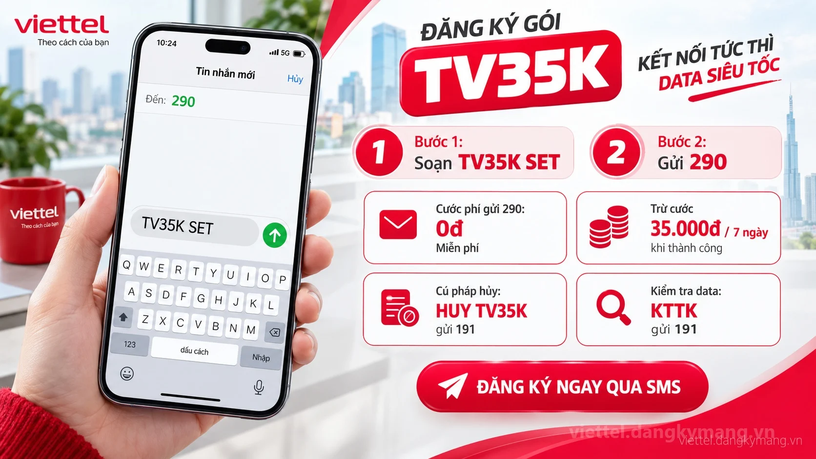 Cách đăng ký gói cước TV35K Viettel soạn tin nhắn TV35K SET gửi 290