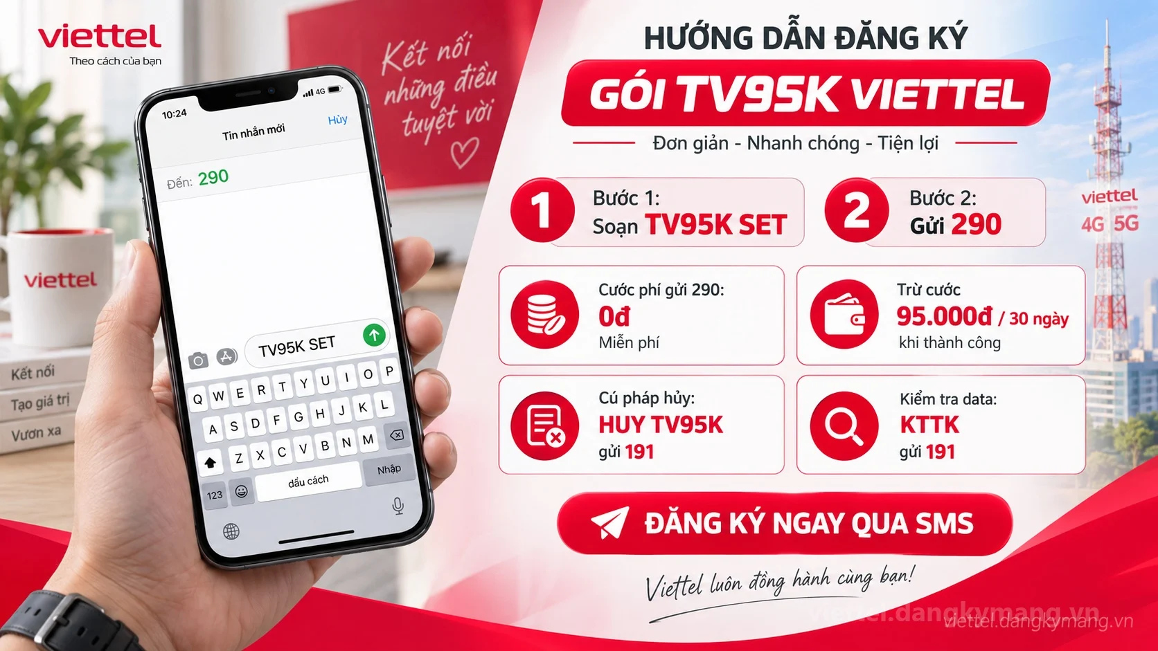 Cách đăng ký gói cước TV95K Viettel soạn tin nhắn TV95K SET gửi 290