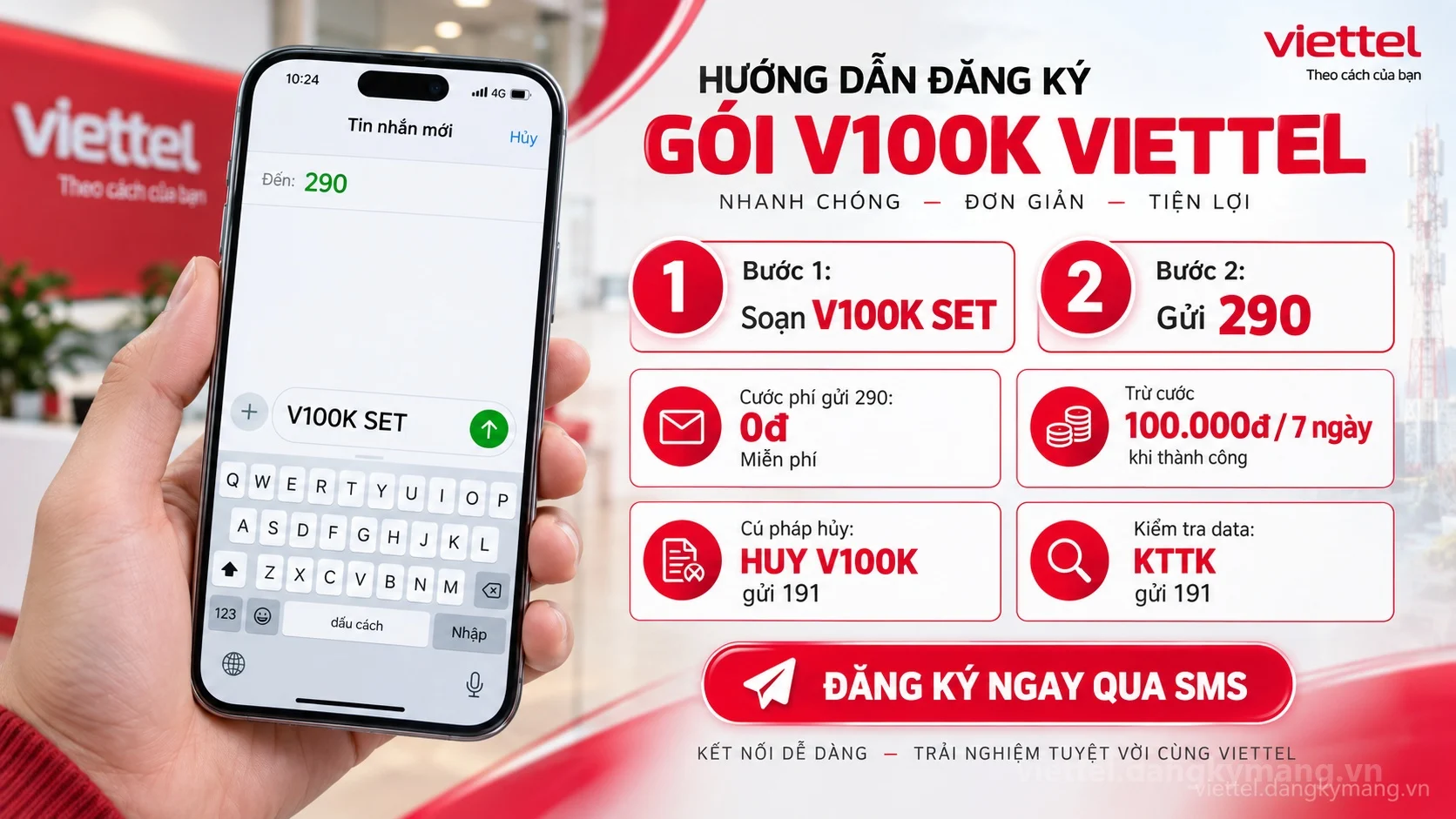 Cách đăng ký gói cước V100K Viettel soạn tin nhắn V100K SET gửi 290