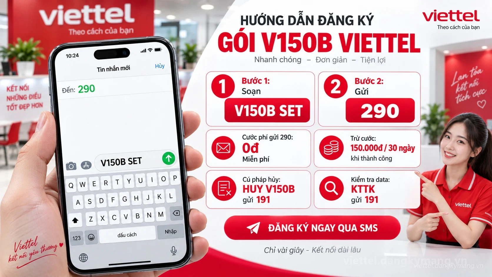 Cách đăng ký gói cước V150B Viettel soạn tin nhắn V150B SET gửi 290