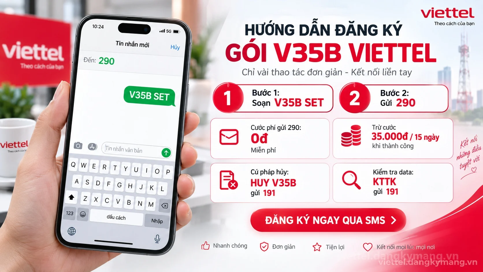 Cách đăng ký gói cước V35B Viettel soạn tin nhắn V35B SET gửi 290