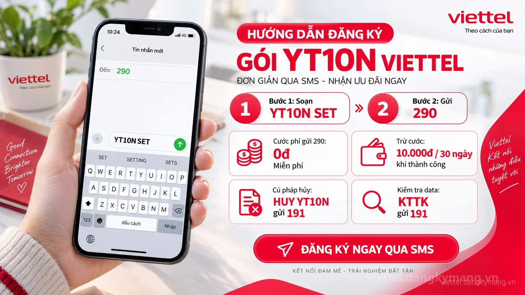 Cách đăng ký gói cước YT10N Viettel soạn tin nhắn YT10N SET gửi 290