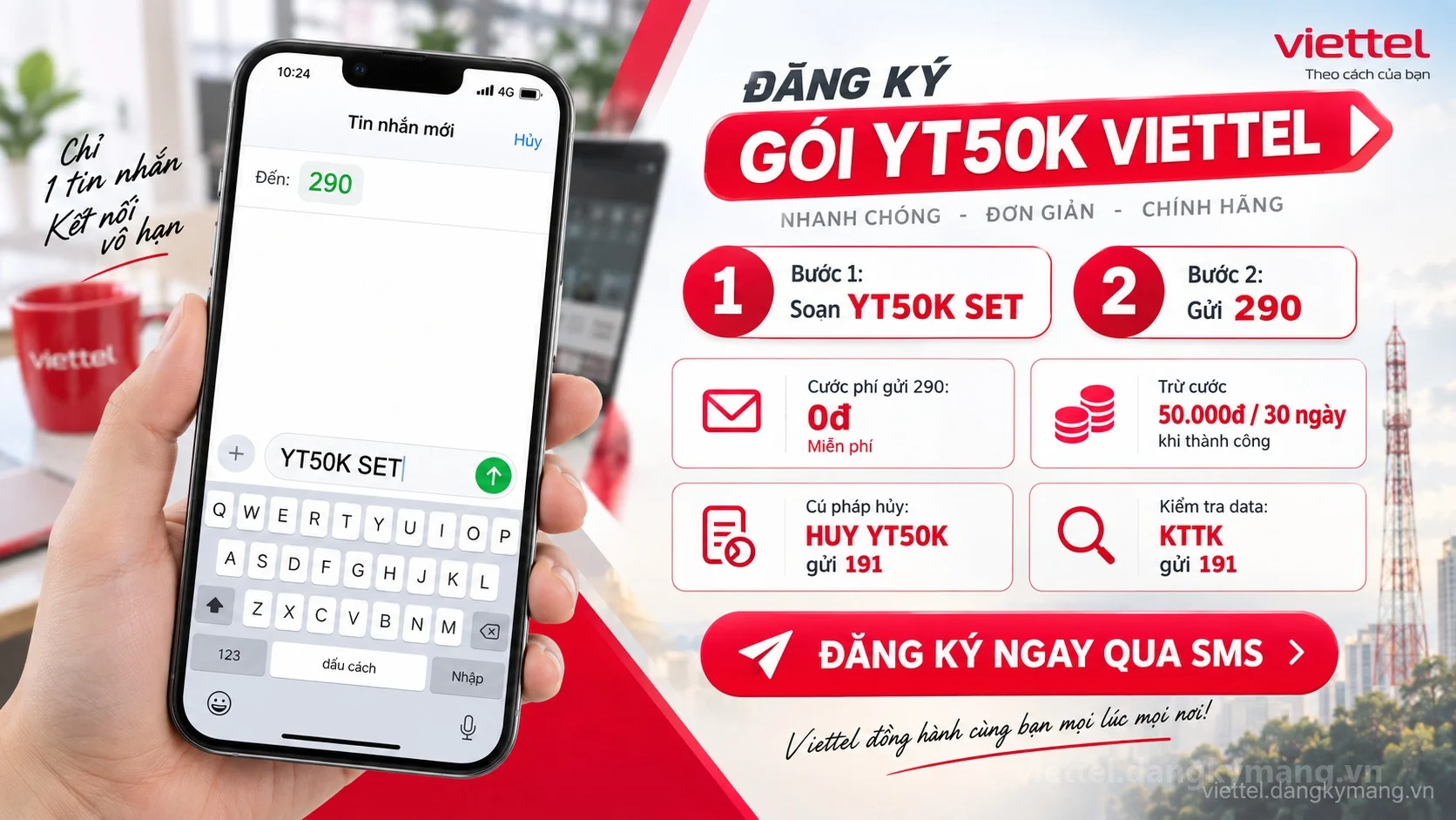 Cách đăng ký gói cước YT50K Viettel soạn tin nhắn YT50K SET gửi 290