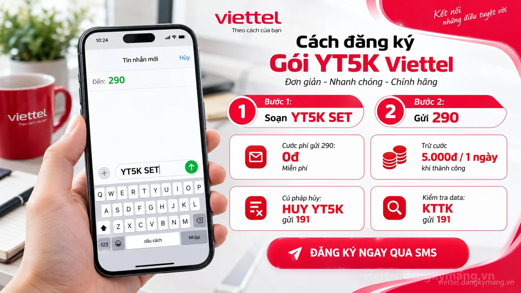 Cách đăng ký gói cước YT5K Viettel soạn tin nhắn YT5K SET gửi 290