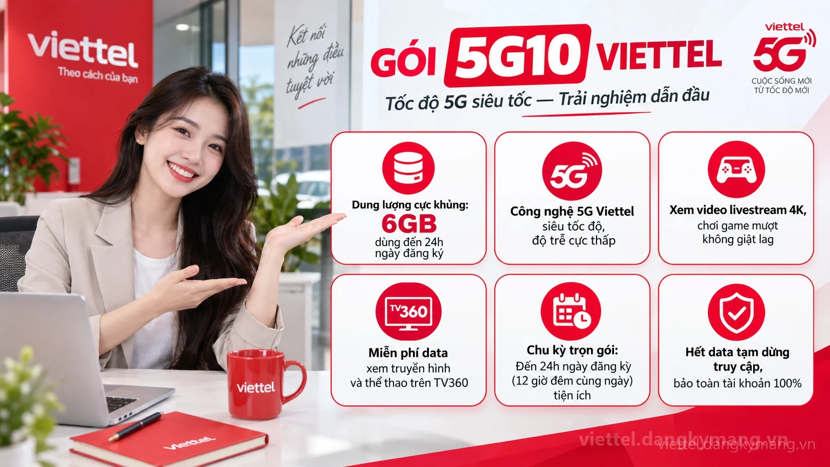 Ưu đãi nổi bật gói cước 5G10 Viettel 6GB dùng đến 24h ngày đăng ký tốc độ cao
