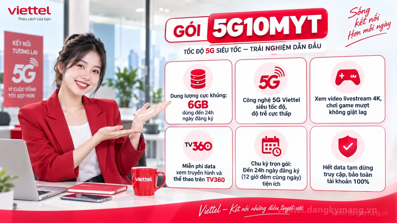 Ưu đãi nổi bật gói cước 5G10MYT Viettel 6GB dùng đến 24h ngày đăng ký tốc độ cao