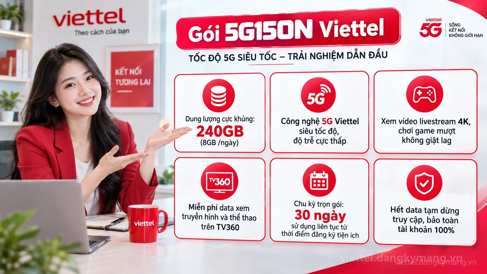Ưu đãi nổi bật gói cước 5G150N Viettel 240GB (8GB /ngày) tốc độ cao