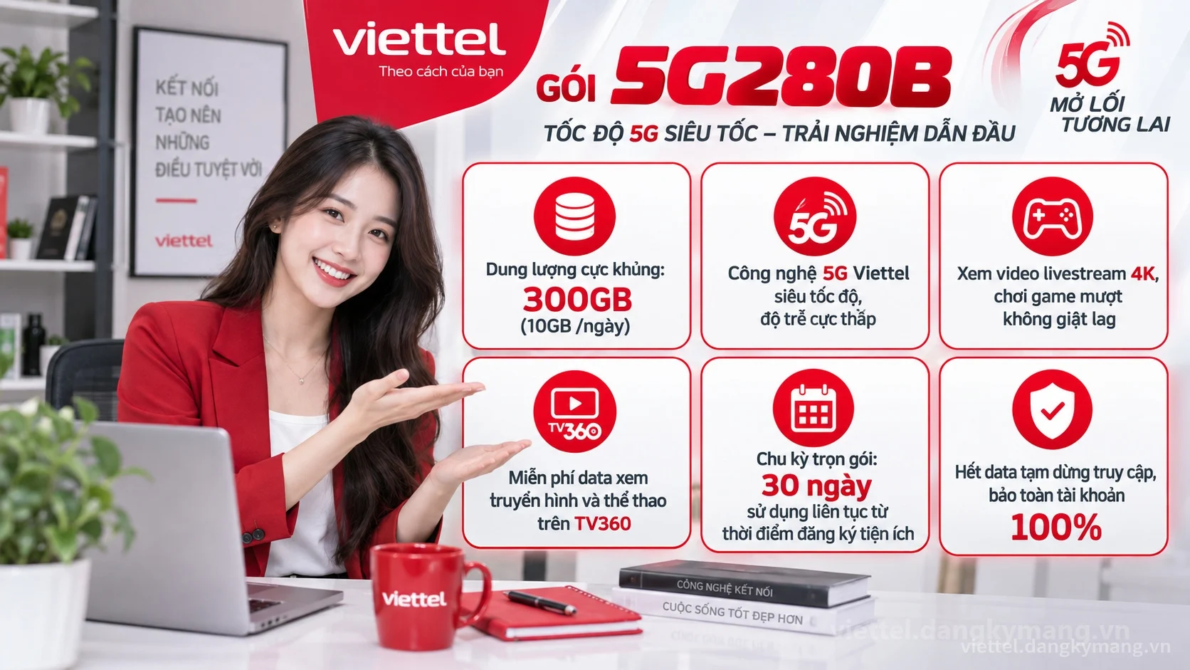 Ưu đãi nổi bật gói cước 5G280B Viettel 300GB (10GB /ngày) tốc độ cao