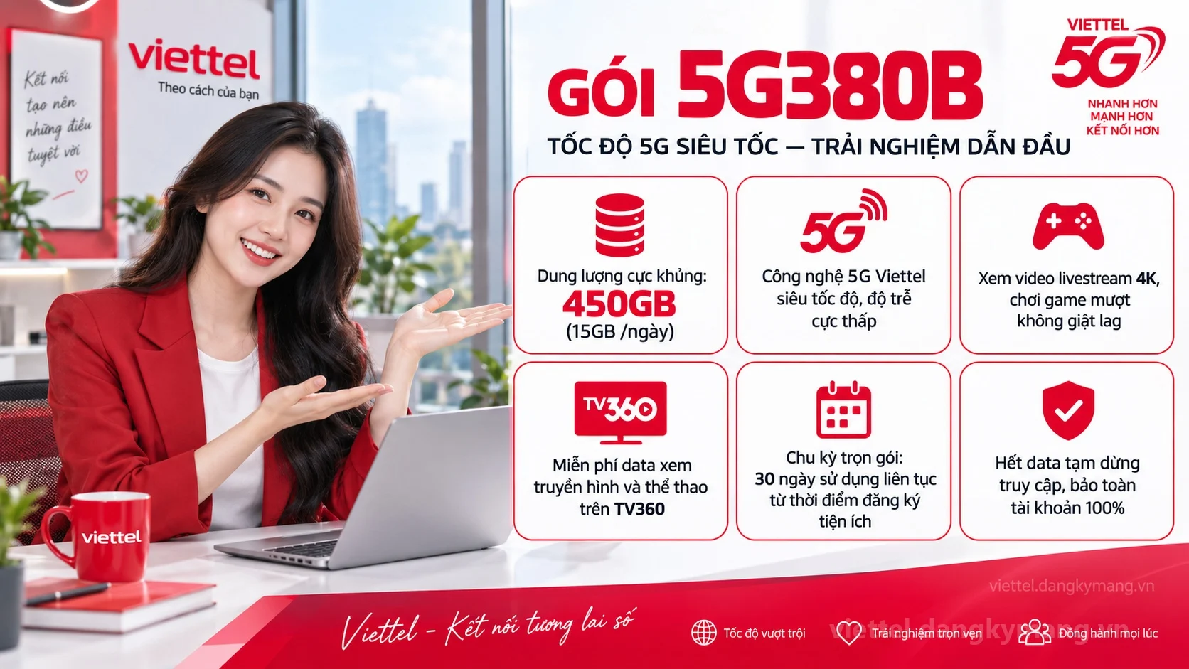 Ưu đãi nổi bật gói cước 5G380B Viettel 450GB (15GB /ngày) tốc độ cao