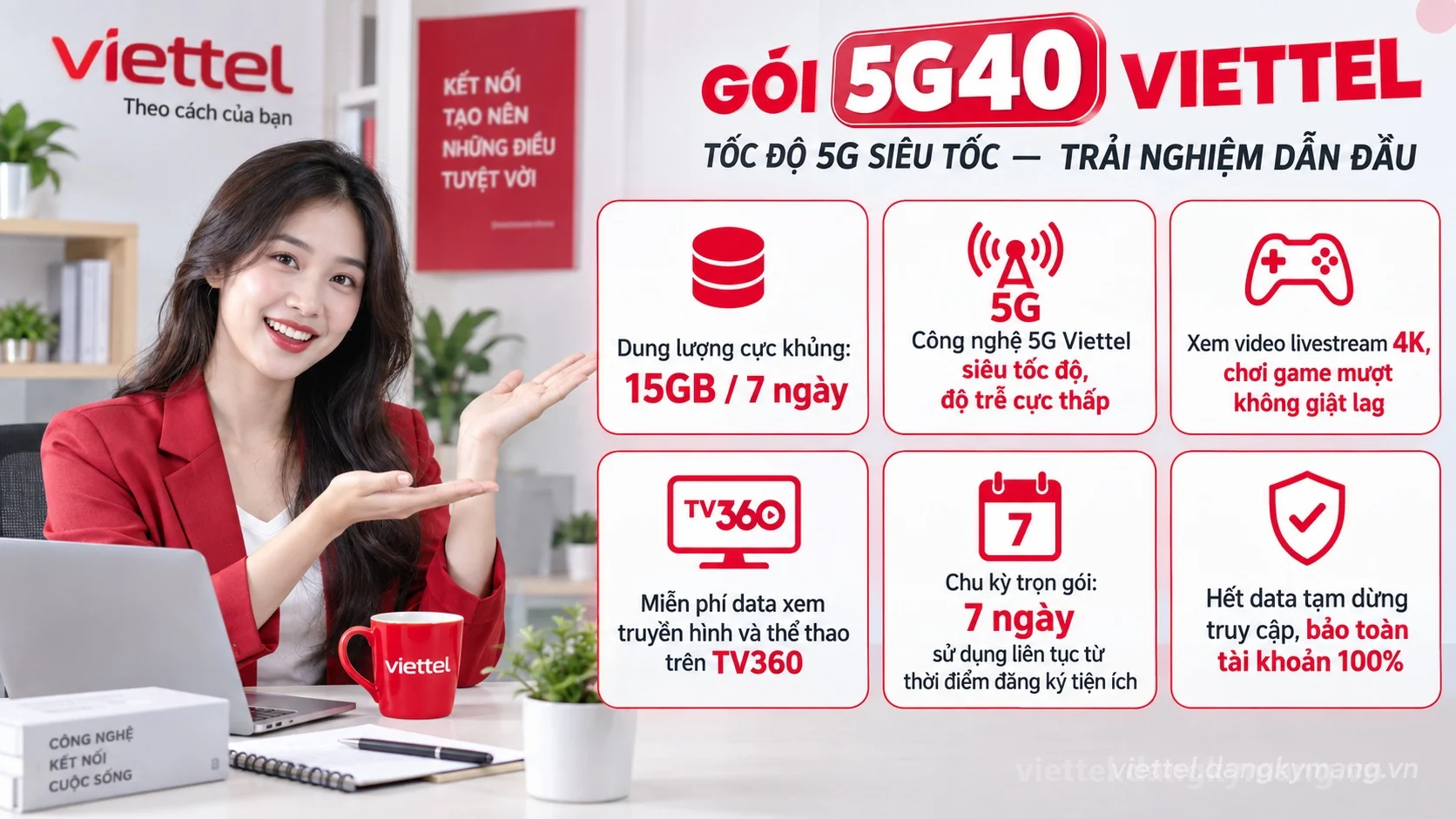 Ưu đãi nổi bật gói cước 5G40 Viettel 15GB / 7 ngày tốc độ cao
