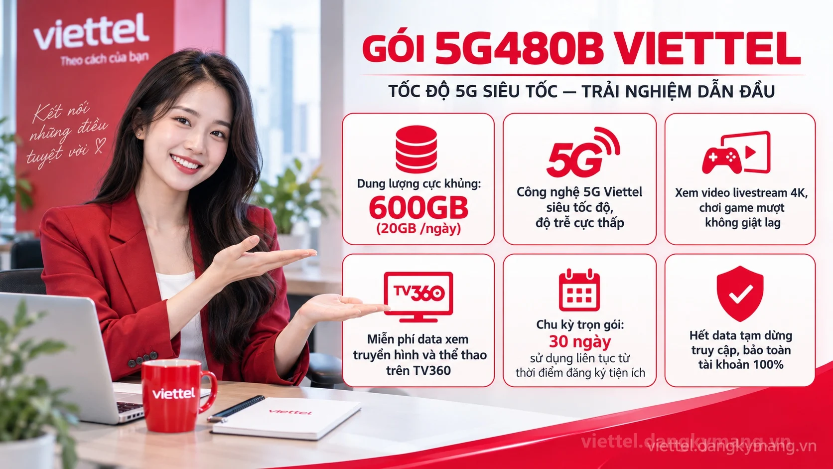 Ưu đãi nổi bật gói cước 5G480B Viettel 600GB (20GB /ngày) tốc độ cao