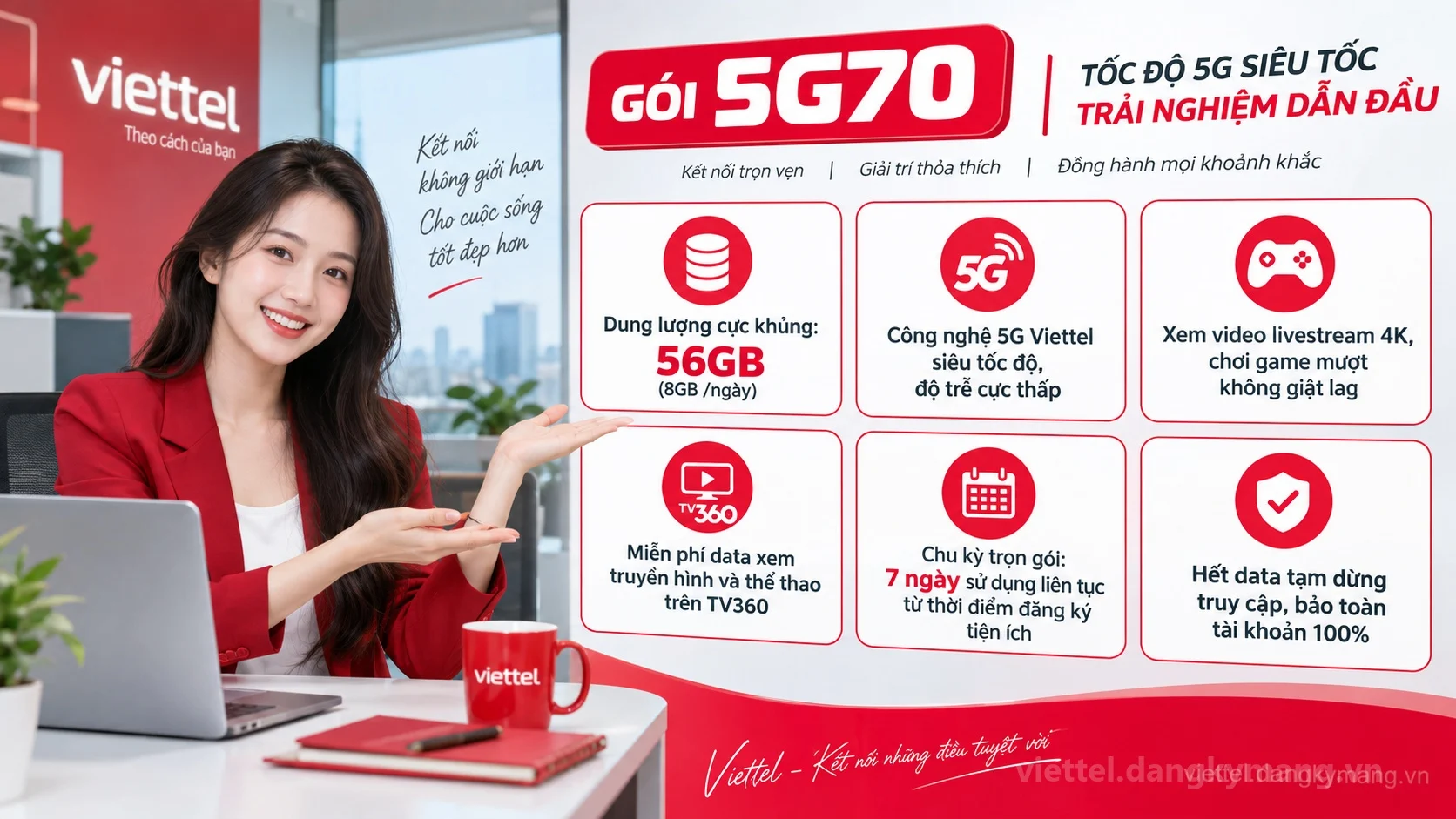 Ưu đãi nổi bật gói cước 5G70 Viettel 56GB (8GB /ngày) tốc độ cao