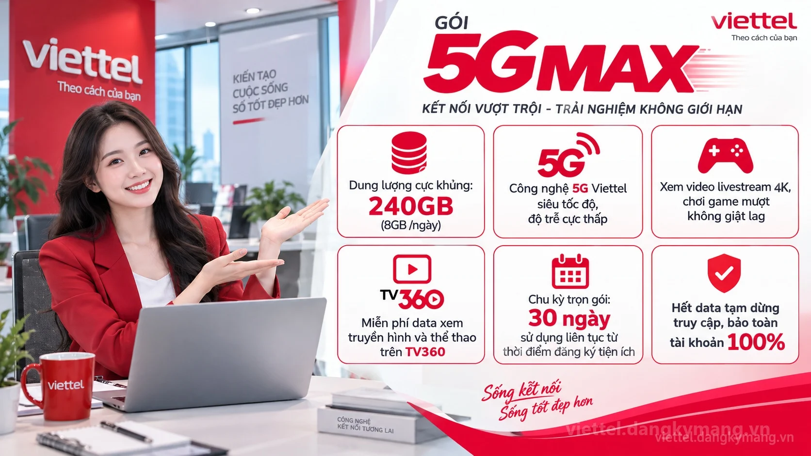 Ưu đãi nổi bật gói cước 5GMAX Viettel 240GB (8GB /ngày) tốc độ cao