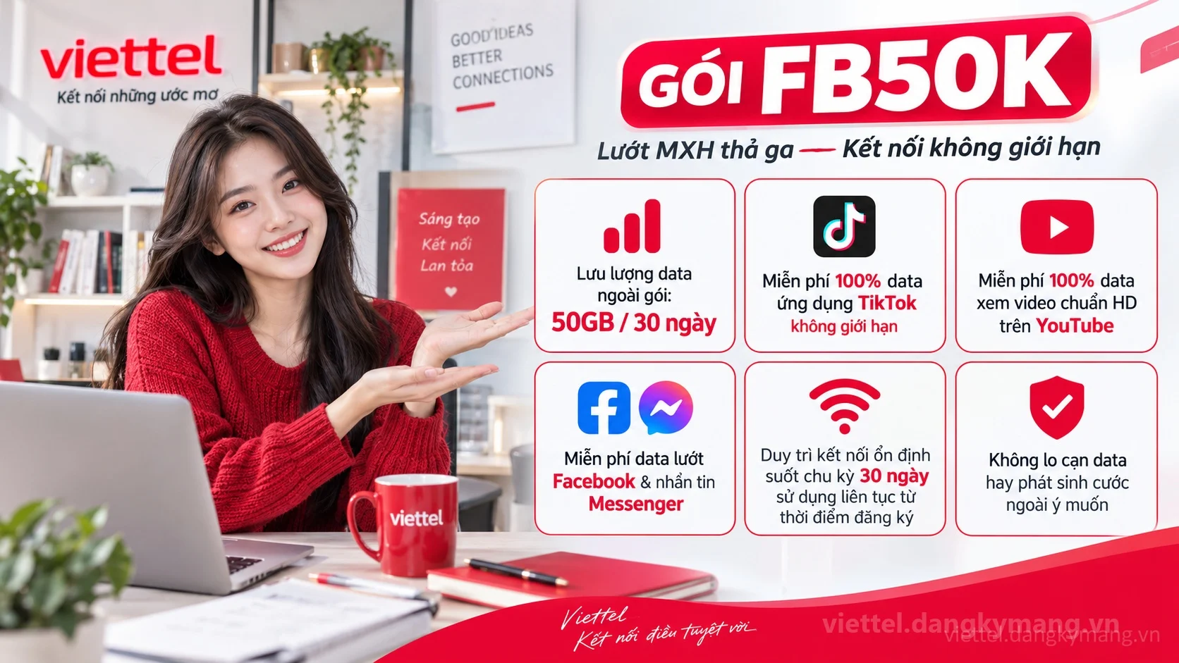 Ưu đãi nổi bật gói cước FB50K Viettel 50GB / 30 ngày tốc độ cao