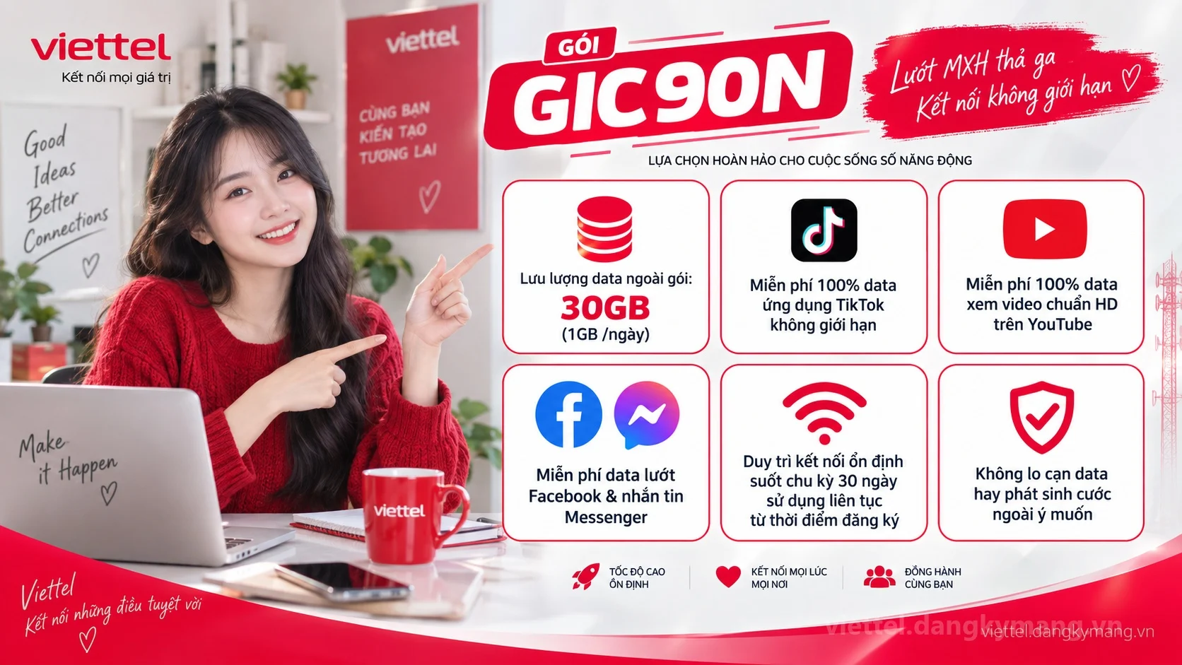 Ưu đãi nổi bật gói cước GIC90N Viettel 30GB (1GB /ngày) tốc độ cao