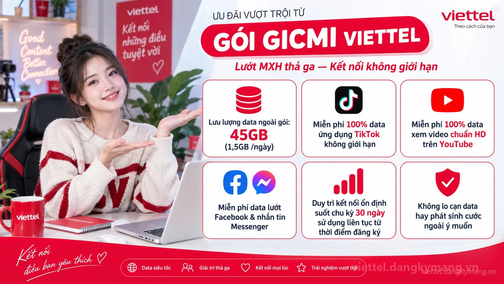 Ưu đãi nổi bật gói cước GICMI Viettel 45GB (1,5GB /ngày) tốc độ cao