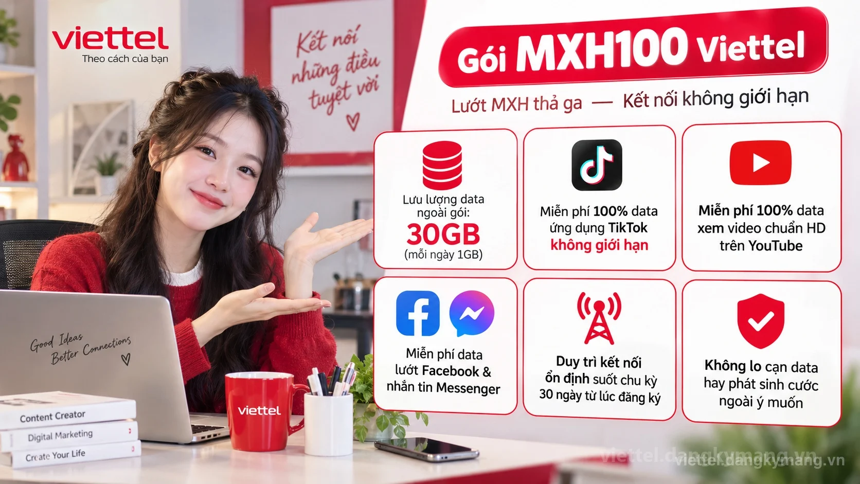 Ưu đãi nổi bật gói cước MXH100 Viettel 30GB (mỗi ngày 1GB) tốc độ cao
