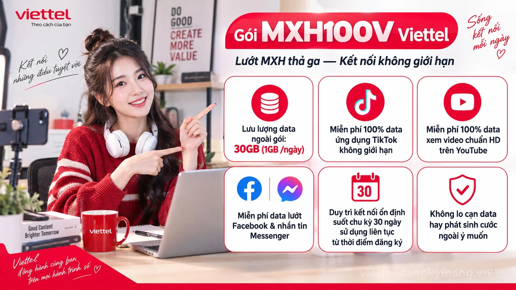 Ưu đãi nổi bật gói cước MXH100V Viettel 30GB (1GB /ngày) tốc độ cao