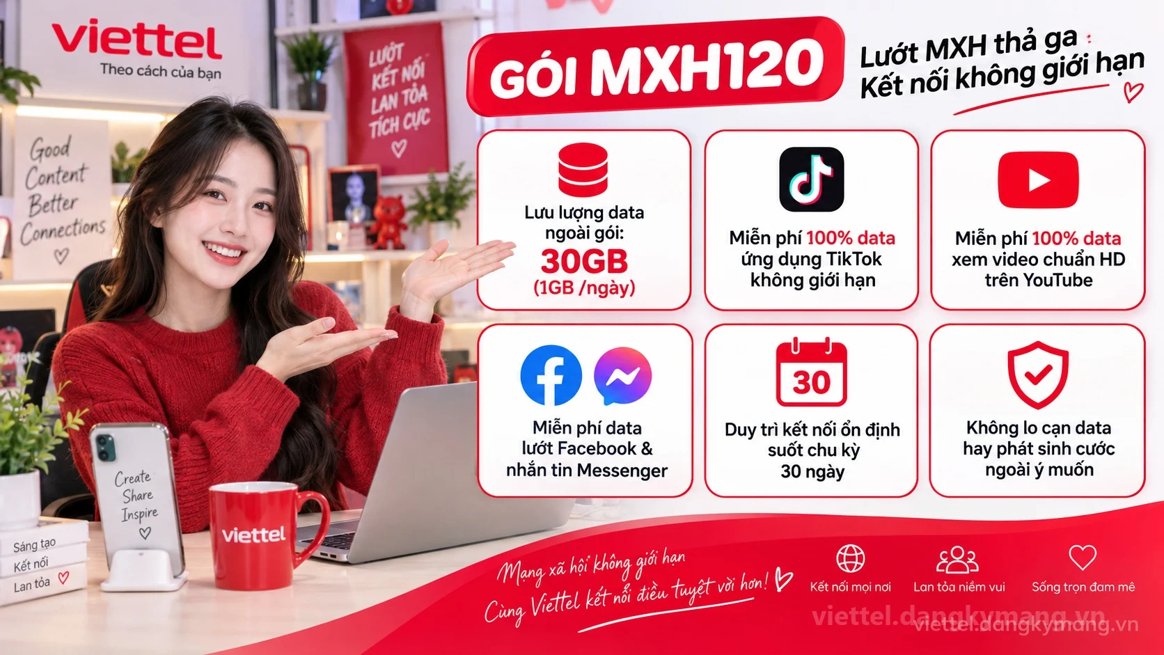 Ưu đãi nổi bật gói cước MXH120 Viettel 30GB (1GB /ngày) tốc độ cao