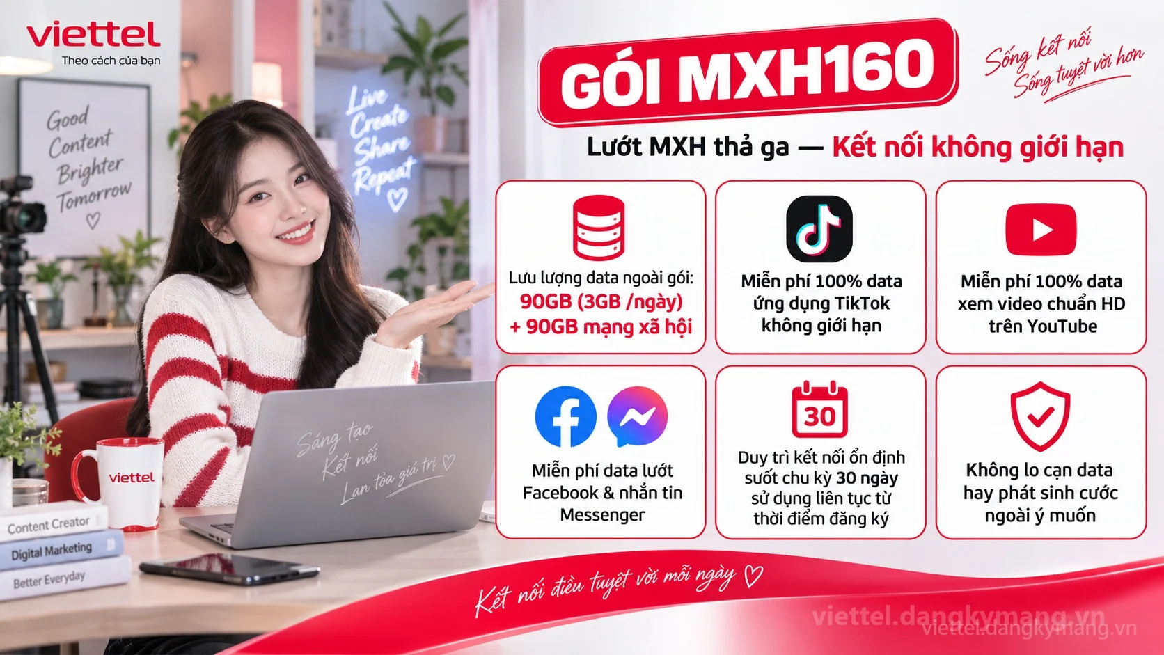 Ưu đãi nổi bật gói cước MXH160 Viettel 90GB (3GB /ngày) + 90GB mạng xã hội tốc độ cao