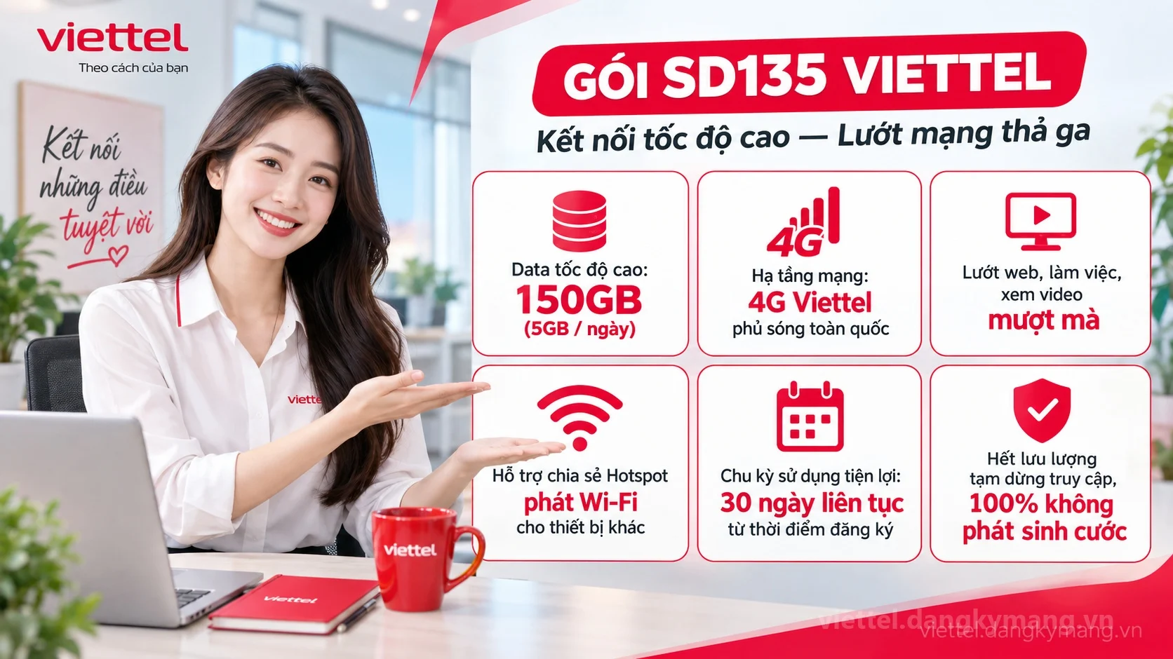 Ưu đãi nổi bật gói cước SD135 Viettel 150GB (5GB / ngày) tốc độ cao