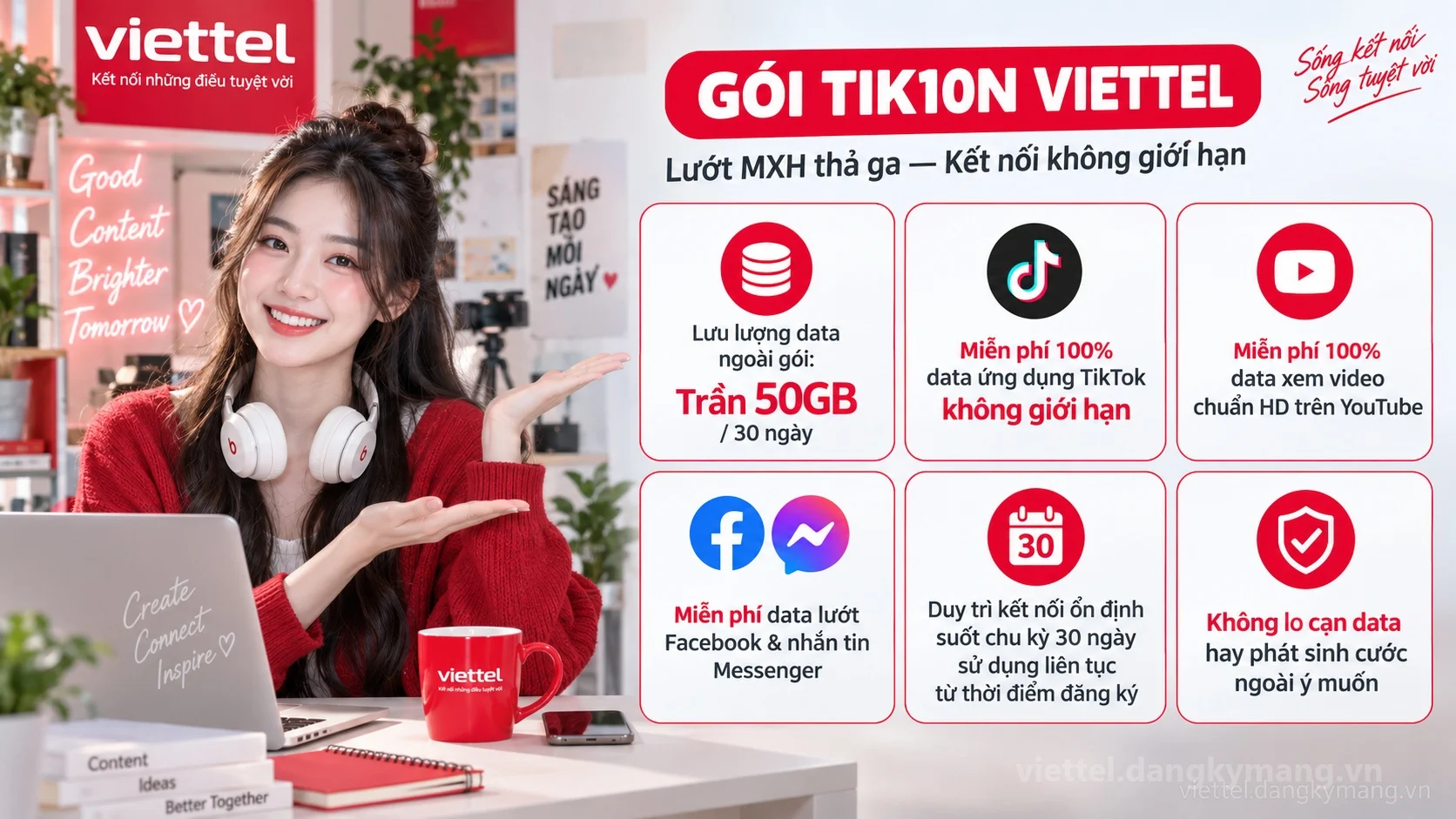 Ưu đãi nổi bật gói cước TIK10N Viettel Trần 50GB / 30 ngày tốc độ cao