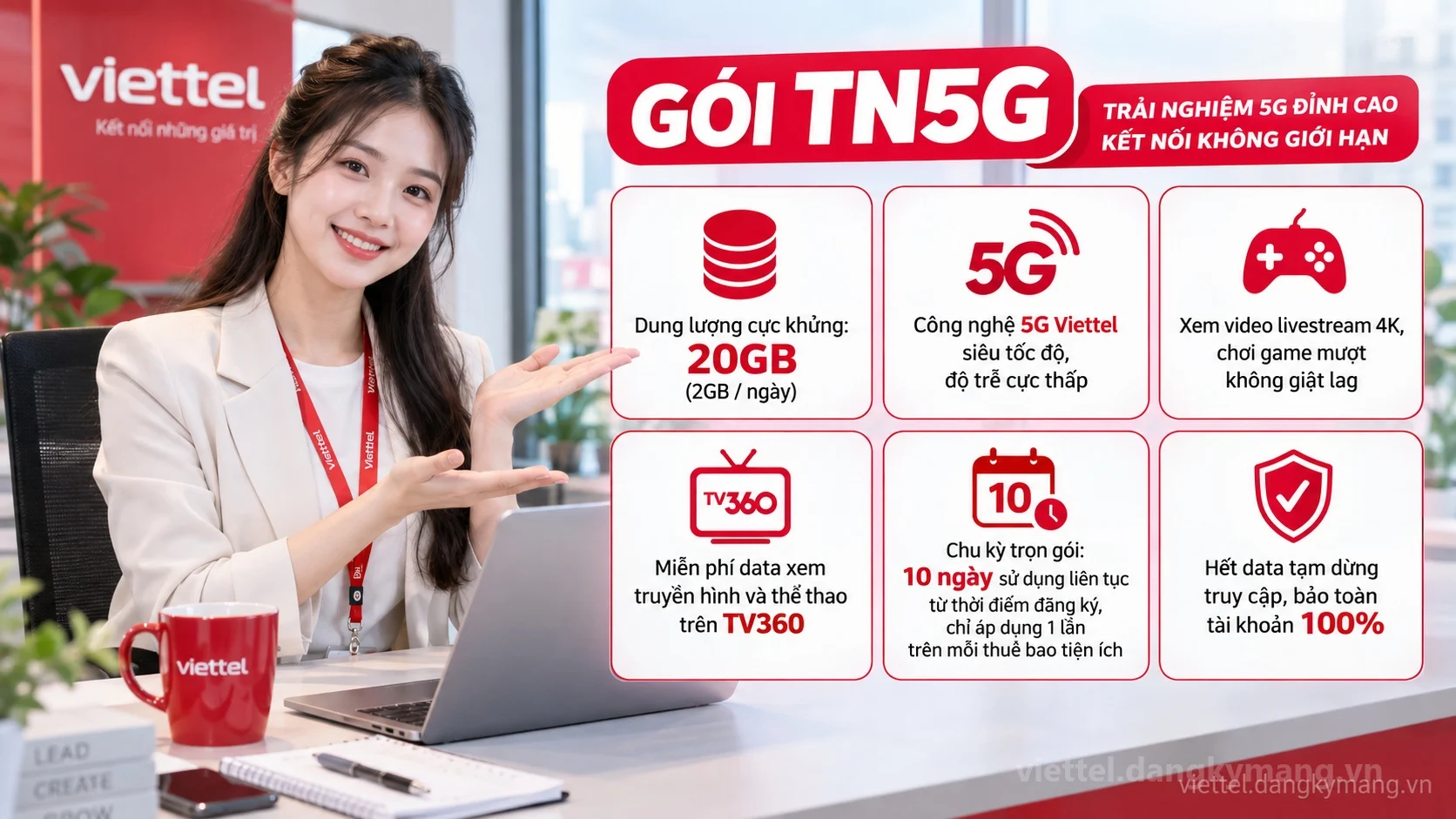 Ưu đãi nổi bật gói cước TN5G Viettel 20GB (2GB / ngày) tốc độ cao
