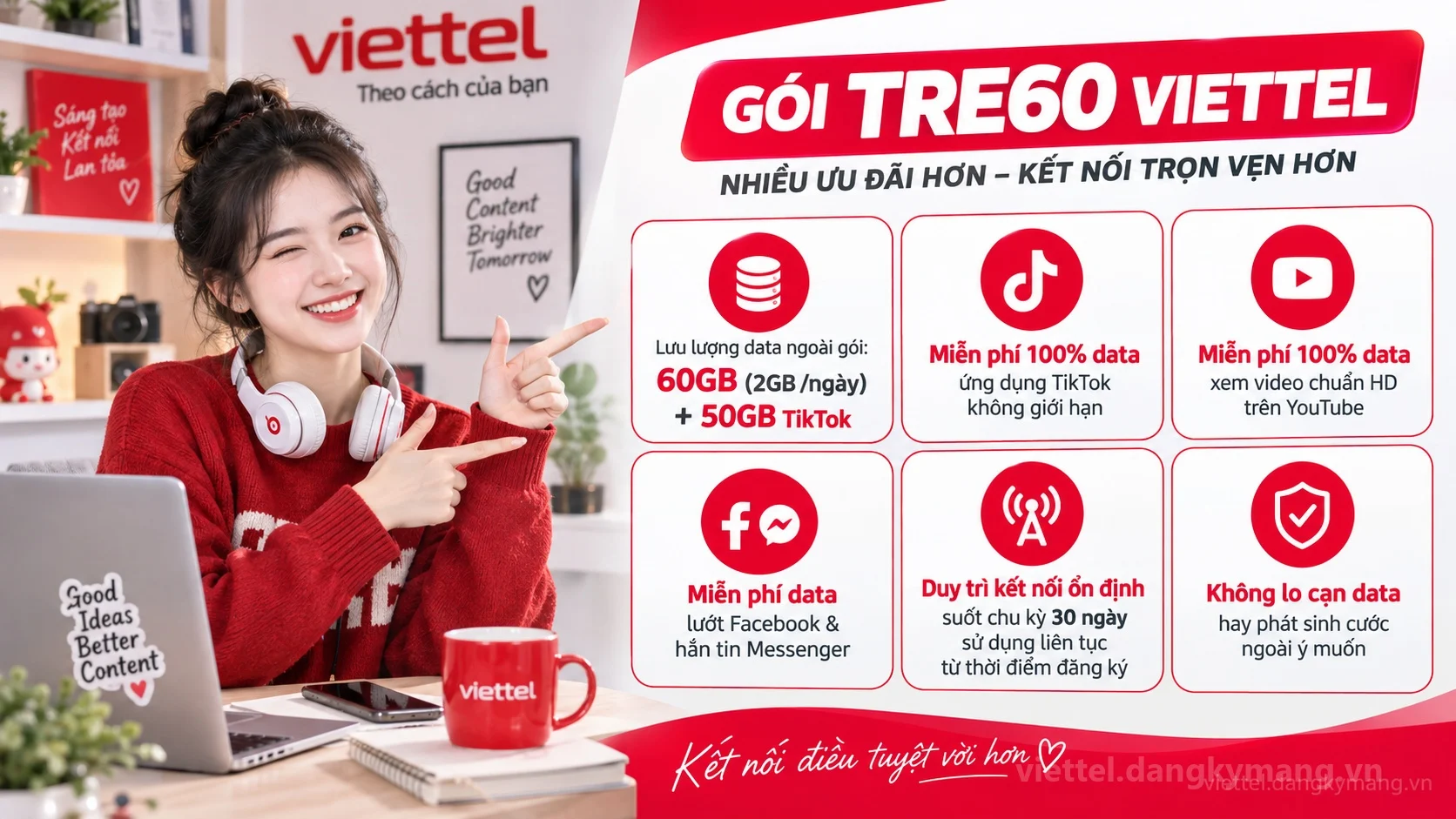 Ưu đãi nổi bật gói cước TRE60 Viettel 60GB (2GB /ngày) + 50GB TikTok tốc độ cao