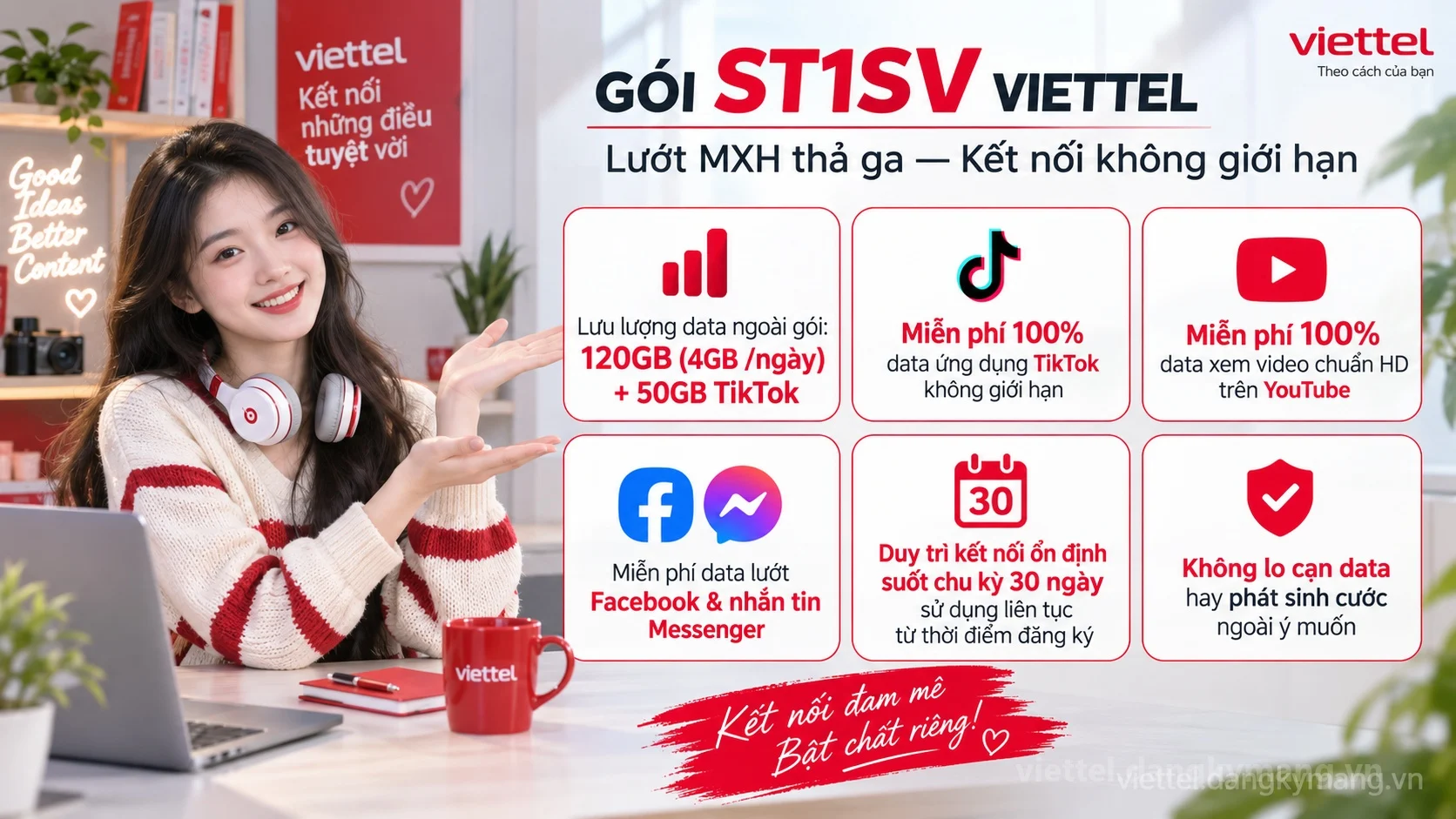 Ưu đãi nổi bật gói cước ST1SV Viettel 120GB (4GB /ngày) + 50GB TikTok tốc độ cao