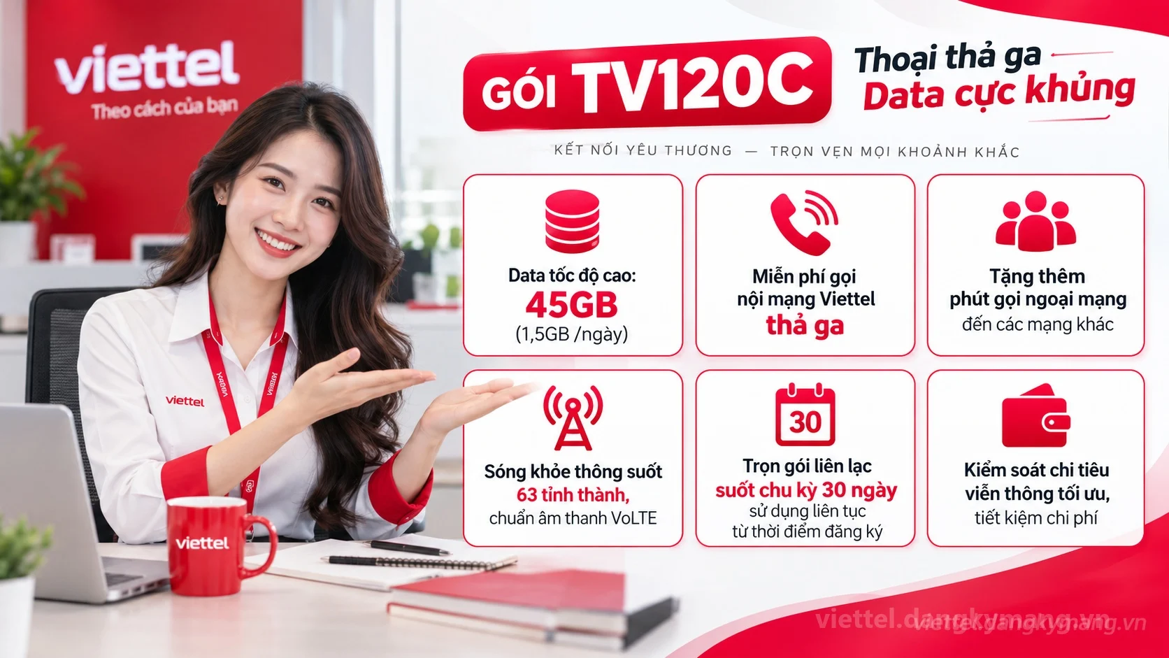 Ưu đãi nổi bật gói cước TV120C Viettel 45GB (1,5GB /ngày) tốc độ cao