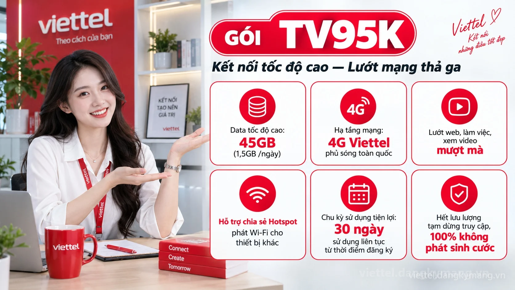 Ưu đãi nổi bật gói cước TV95K Viettel 45GB (1,5GB /ngày) tốc độ cao