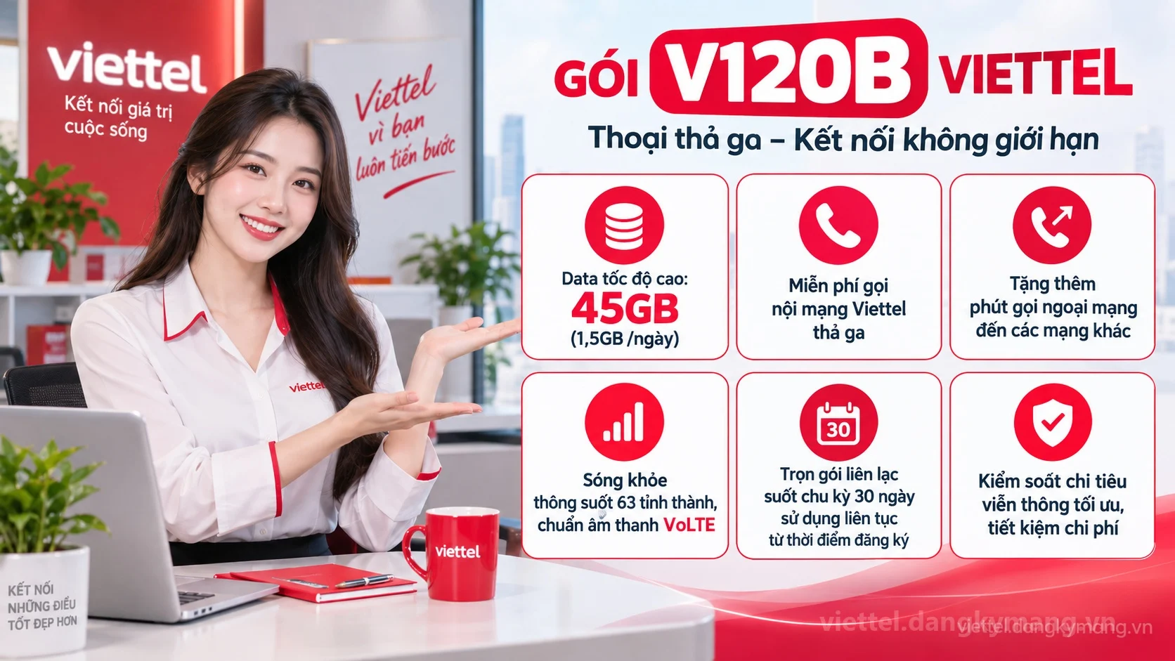 Ưu đãi nổi bật gói cước V120B Viettel 45GB (1,5GB /ngày) tốc độ cao