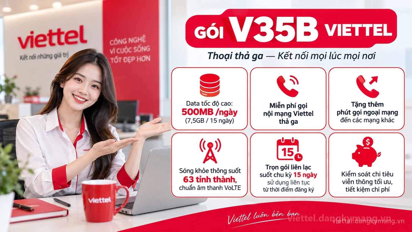 Ưu đãi nổi bật gói cước V35B Viettel 500MB /ngày (7,5GB / 15 ngày) tốc độ cao