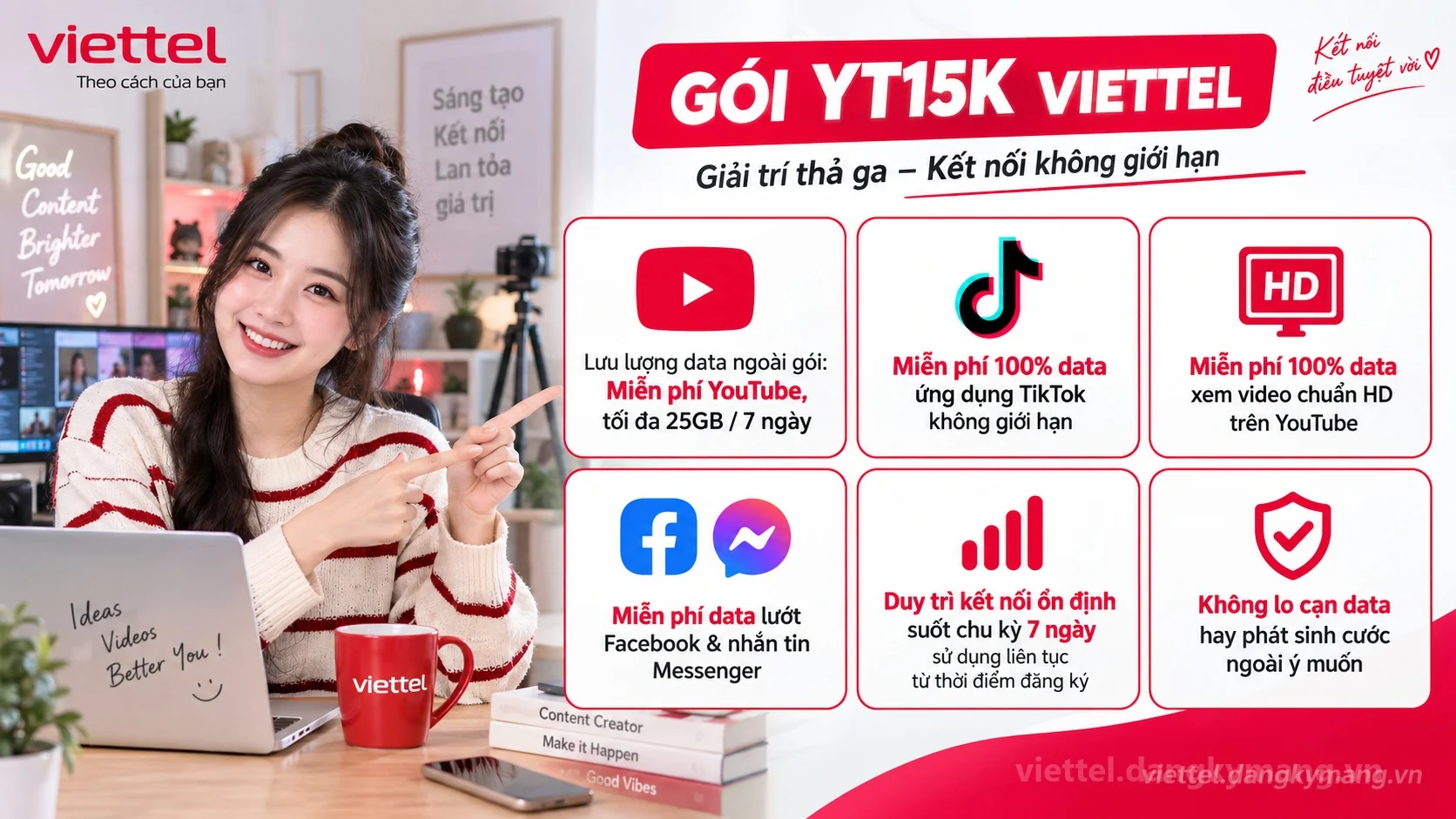 Ưu đãi nổi bật gói cước YT15K Viettel Miễn phí YouTube, tối đa 25GB /7 ngày tốc độ cao