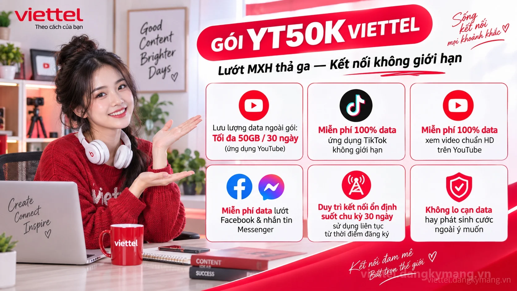 Ưu đãi nổi bật gói cước YT50K Viettel Tối đa 50GB / 30 ngày (ứng dụng YouTube) tốc độ cao