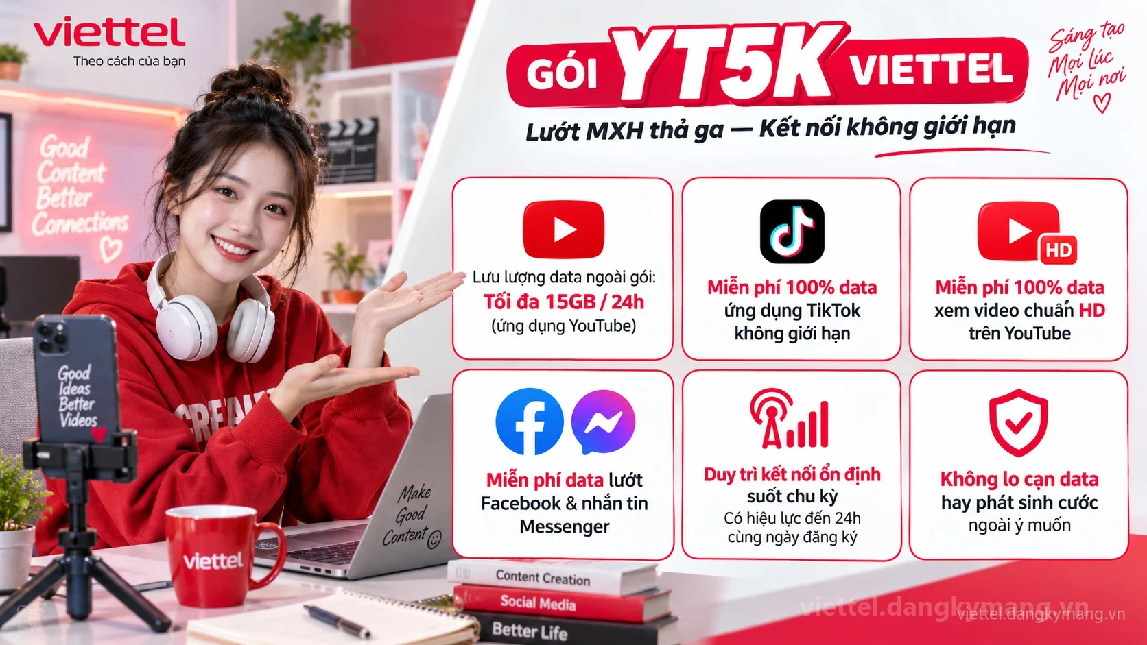 Ưu đãi nổi bật gói cước YT5K Viettel Tối đa 15GB / 24h (ứng dụng YouTube) tốc độ cao