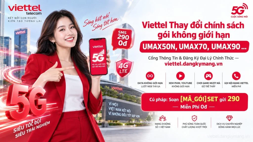 Ảnh đại diện gói cước Viettel Thay đổi chính sách gói không giới hạn UMAX50N, UMAX70, UMAX90 ...