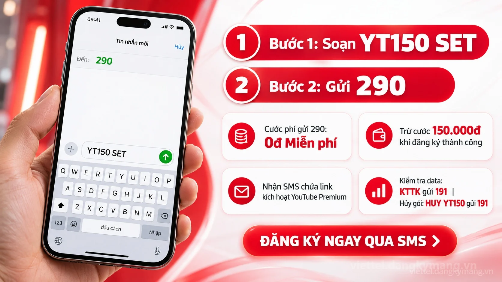 Cách đăng ký gói cước YT150 Viettel soạn tin nhắn YT150 SET gửi 290